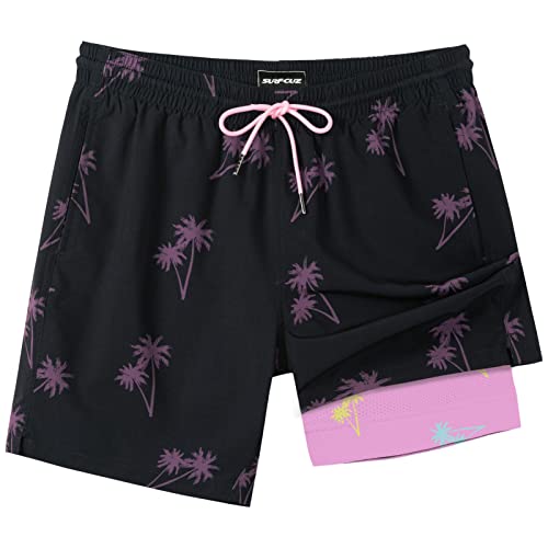 SURF CUZ Mens Swim Trunks with Compression Liner Quick Dry Swim Shorts 7" Swimming Trunks Stretch Zipper Pockets Black Palm Tree Large - Image 1