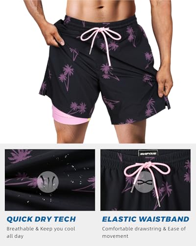 SURF CUZ Mens Swim Trunks with Compression Liner Quick Dry Swim Shorts 7" Swimming Trunks Stretch Zipper Pockets Black Palm Tree Large - Image 5