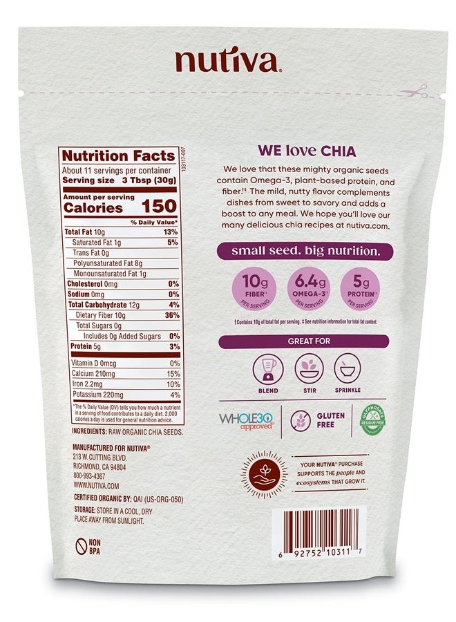 Nutiva Organic Premium Raw Black Chia Seeds, 12 Oz, USDA Organic, Non-GMO, Whole 30 Approved, Vegan, Gluten-Free & Keto, Nutrient-Dense Seeds with 3g Protein & 5g Fiber for Salads, Yogurt & Smoothies - Image 5