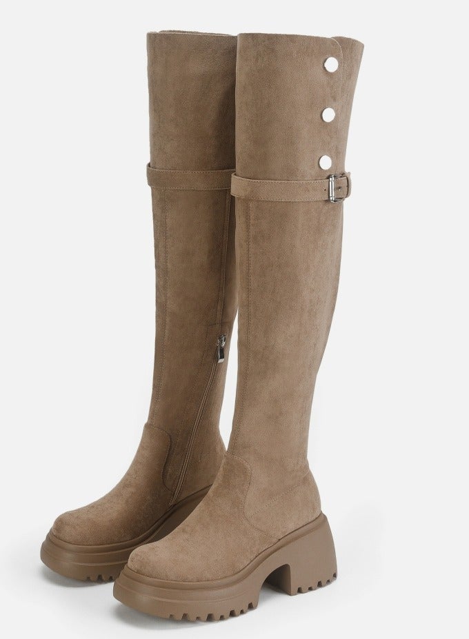 Loquat Womens Thick Soled Round Toe Knee High Boots Foldable Long Suede Boots Khaki  - Image 1