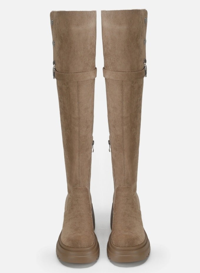 Loquat Womens Thick Soled Round Toe Knee High Boots Foldable Long Suede Boots Khaki  - Image 2