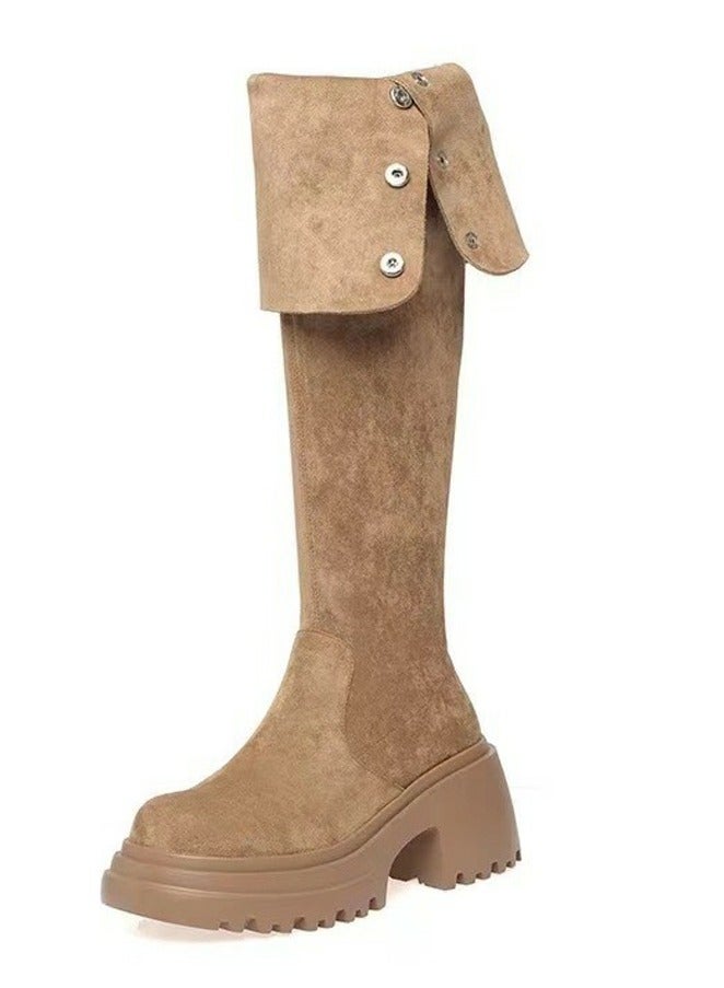 Loquat Womens Thick Soled Round Toe Knee High Boots Foldable Long Suede Boots Khaki  - Image 3