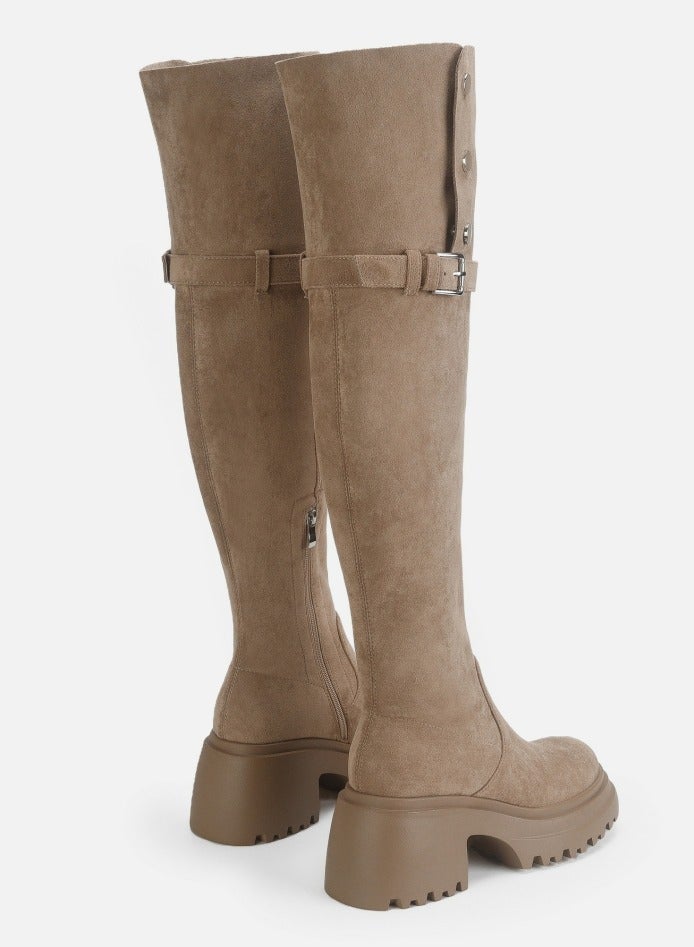 Loquat Womens Thick Soled Round Toe Knee High Boots Foldable Long Suede Boots Khaki  - Image 4