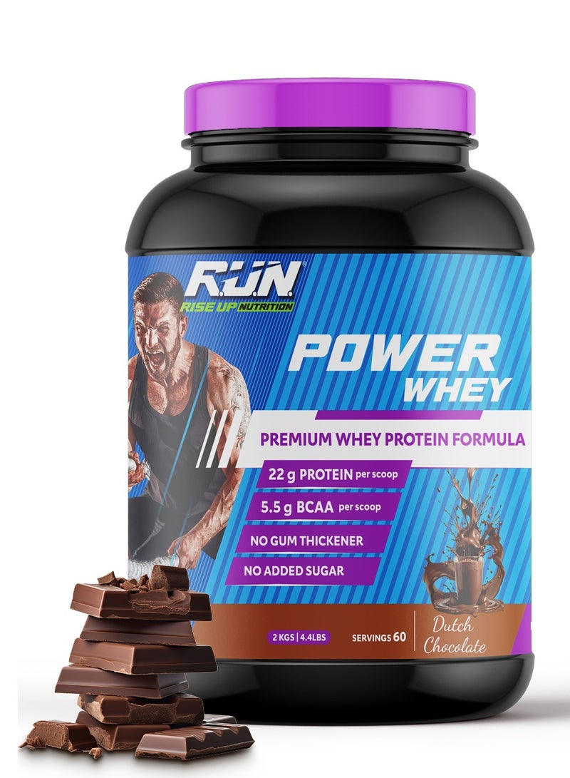 Rise Up Nutrition Power Whey Protein 2kg, Premium Whey Powder, 22g Protein, 5.5g BCAA, Non-GMO, Gluten free, Soy free, 4.40 Lbs (Dutch Chocolate) - Image 1