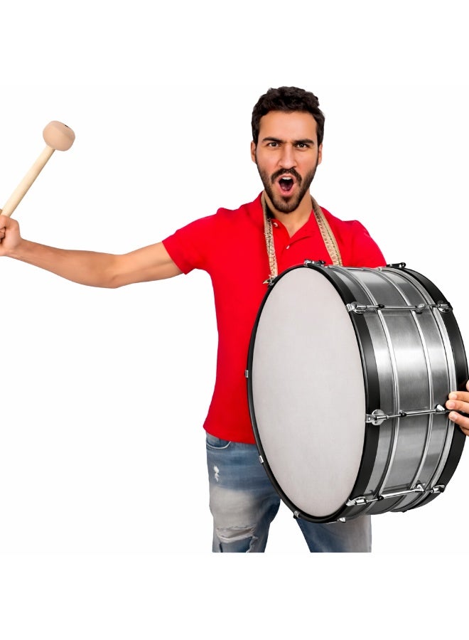 Stainless Steel Marching Bass Drum Tabla with Dual 55cm Plastic Drumheads + Mallet & Tuning Key for School Band Parades Stadium Show Camp & Scout