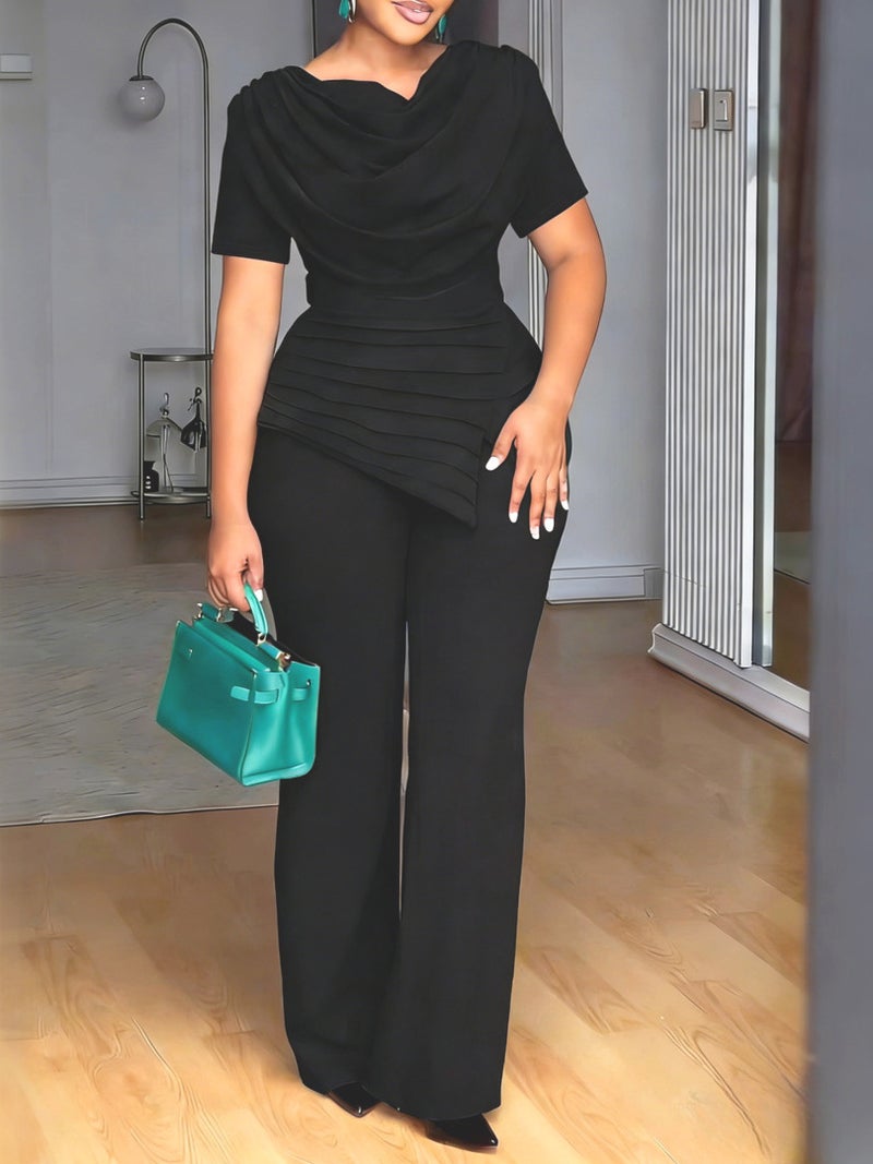Plus Size Short Sleeve Tunic Top and Straight Leg Pants Set for Women - Image 2