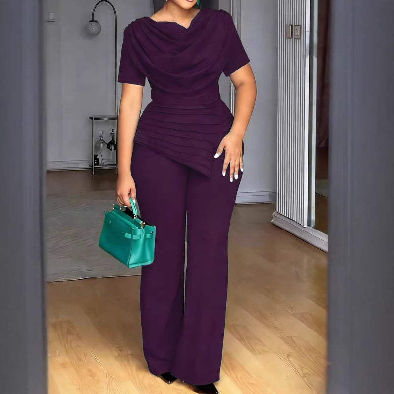 Plus Size Short Sleeve Tunic Top and Straight Leg Pants Set for Women - Image 4