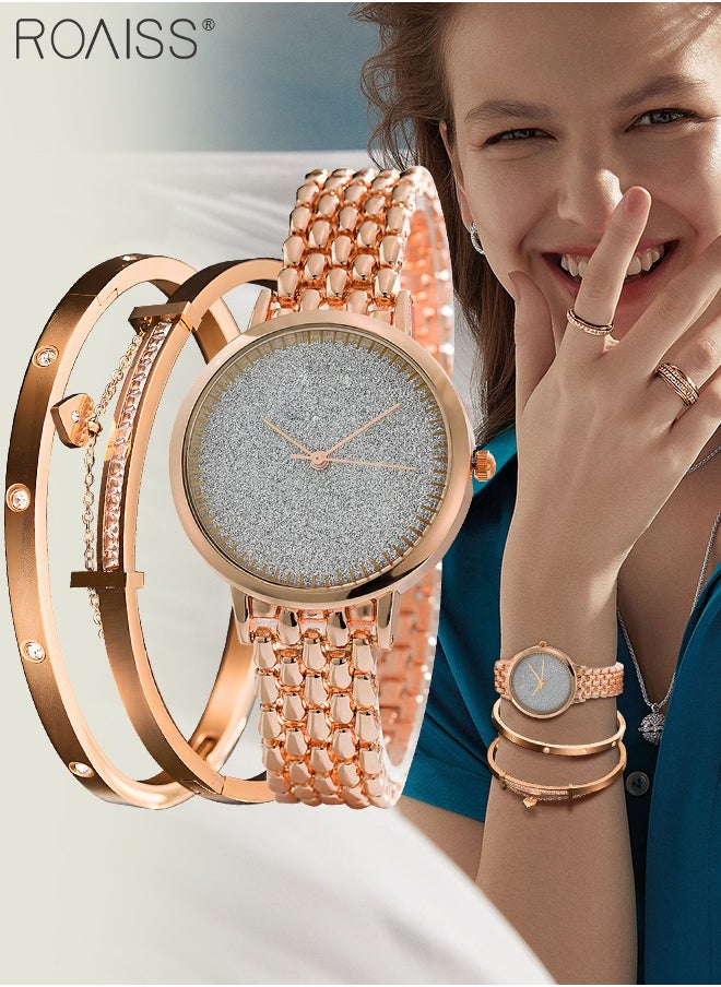 roaiss - Women's Alloy Strap Bracelet Watch Analog Display Round Dial Quartz Watch with Bracelets and Rhinestones Decoration Elegant 3 Pieces Watch Set as Gift for Women Rose Gold - Image 1