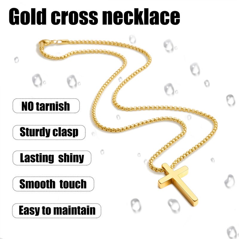 Fiusem 14k Gold Plated Mens Cross Necklaces, 2.5mm Cross Chain and Stainless Steel Cross Pendant Small, Box Chain 20 Inch - Image 4