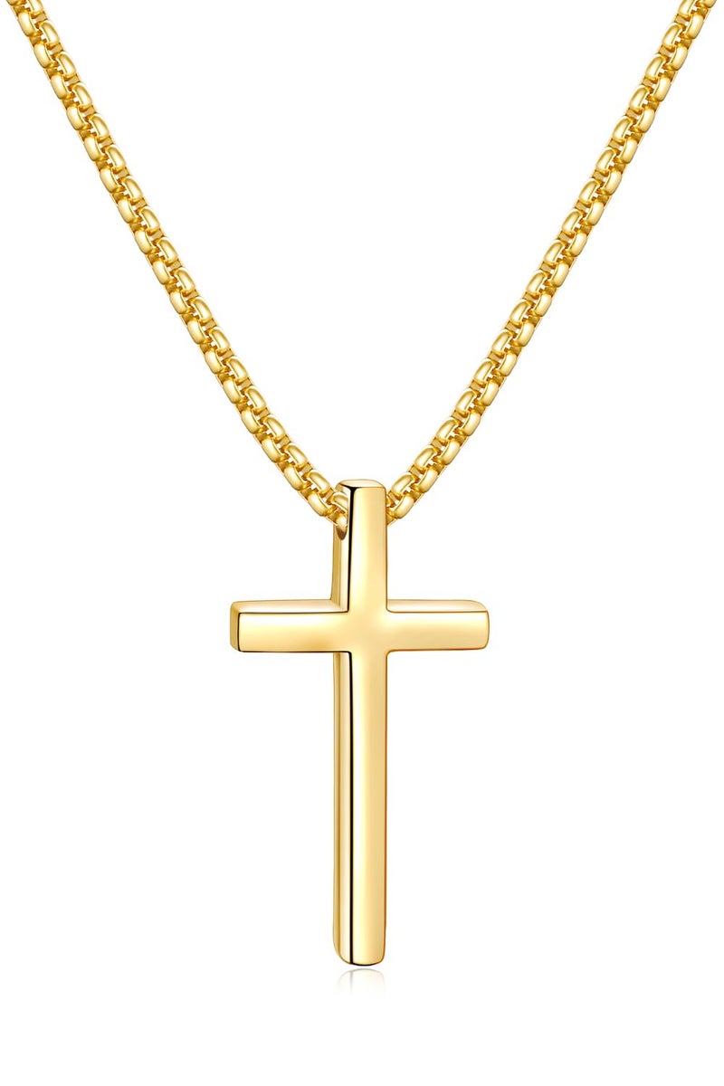 Fiusem 14k Gold Plated Mens Cross Necklaces, 2.5mm Cross Chain and Stainless Steel Cross Pendant Small, Box Chain 20 Inch - Image 1