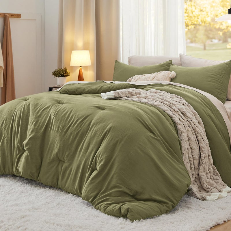 Bedsure Queen Size Comforter Set Olive Green Soft Prewashed Bedding for All Seasons 3 Pieces GentleSoft Warm Down Alternative Bed Set 1 Lightweight Comforter 90x90 and 2 Pillowcases 20x26