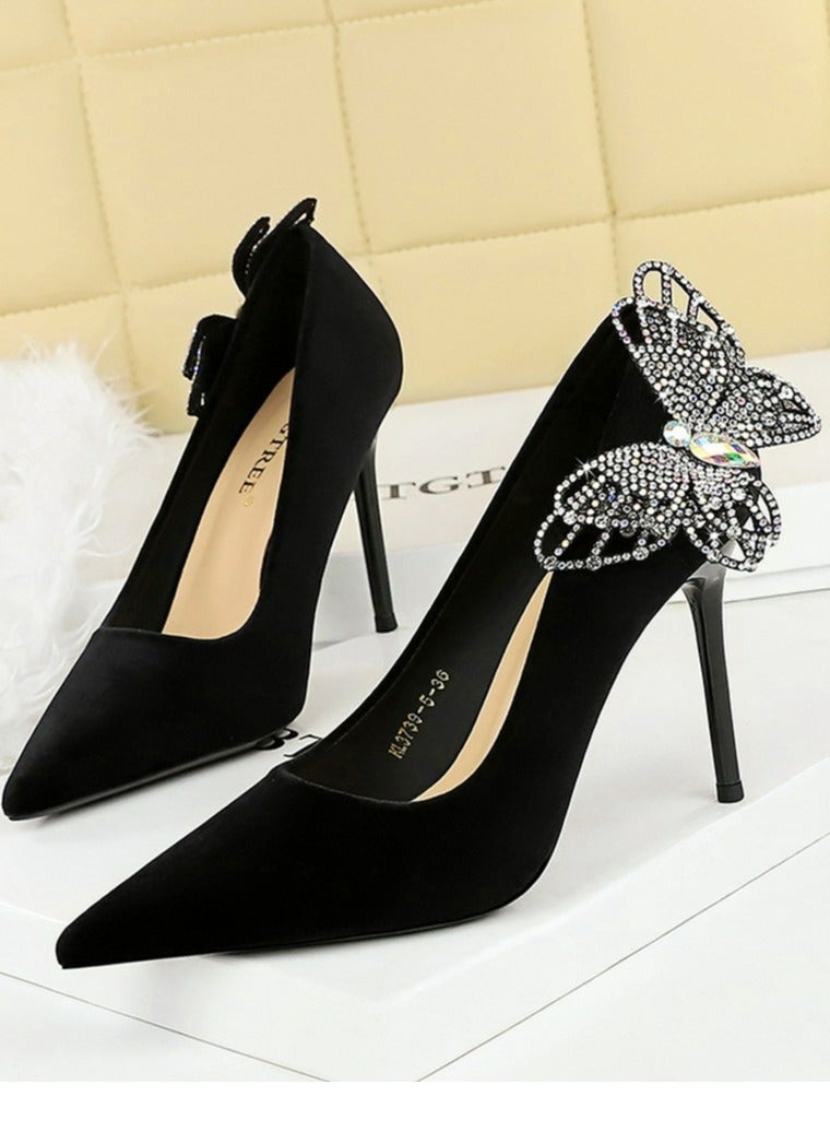 بيج تري المرأة مغلقة أشارت إصبع القدم مضخات جلد السويد الراينست قوس الديكور كعب عالي 9.5CM أسود - Image 1