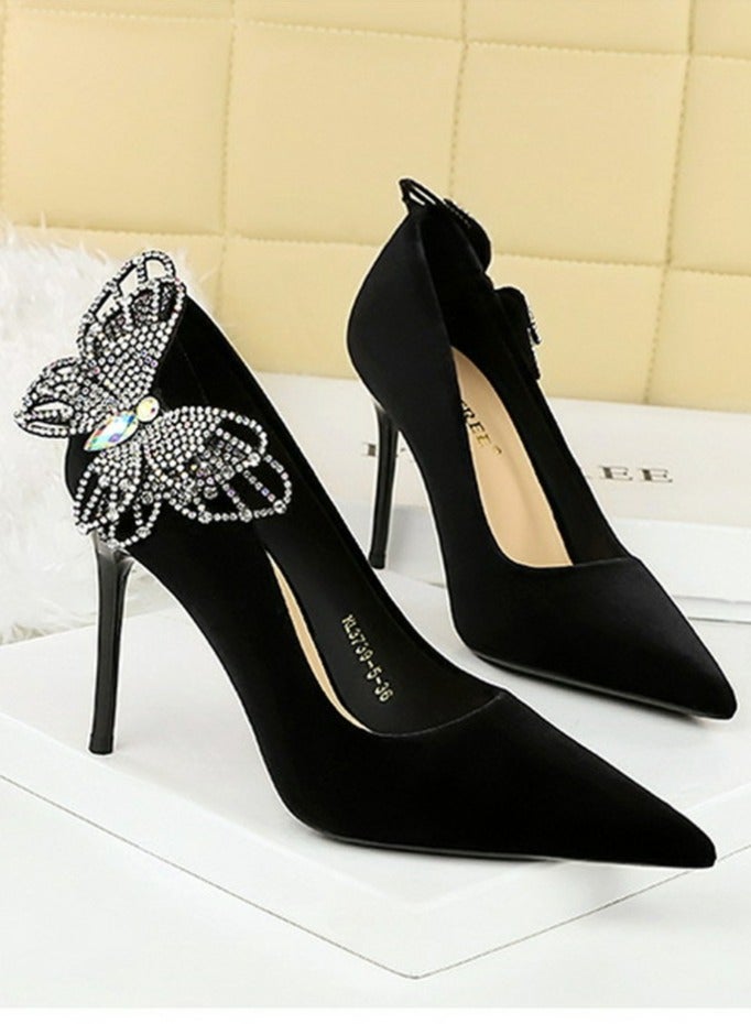 بيج تري المرأة مغلقة أشارت إصبع القدم مضخات جلد السويد الراينست قوس الديكور كعب عالي 9.5CM أسود - Image 2