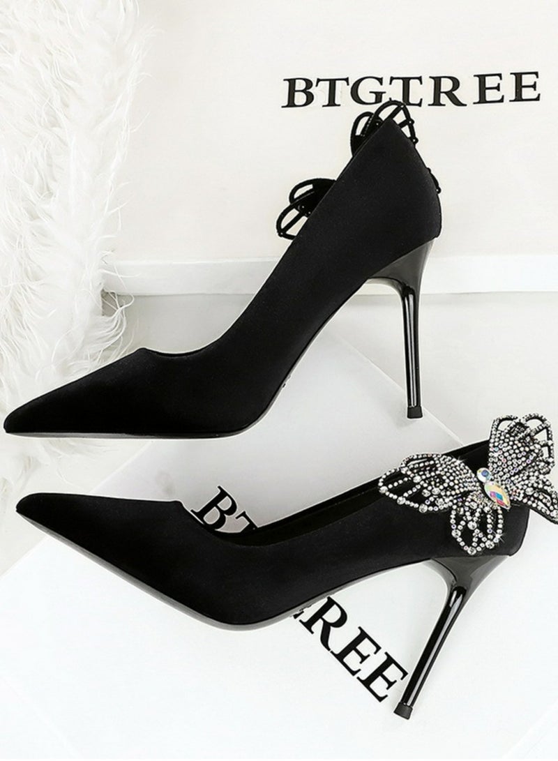 بيج تري المرأة مغلقة أشارت إصبع القدم مضخات جلد السويد الراينست قوس الديكور كعب عالي 9.5CM أسود - Image 3