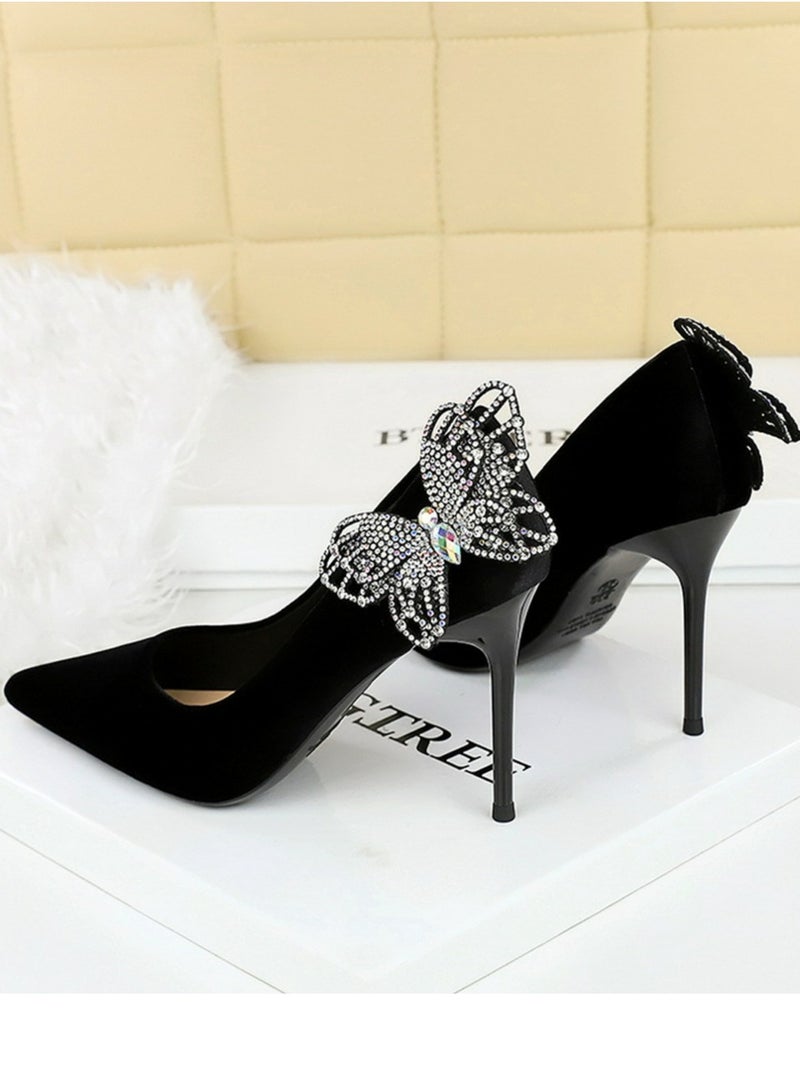 بيج تري المرأة مغلقة أشارت إصبع القدم مضخات جلد السويد الراينست قوس الديكور كعب عالي 9.5CM أسود - Image 4