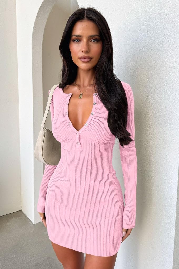 OQQ Long Sleeve Mini Dress Women Ribbed Tummy Control Club Party Dresses 2025 Fall Winter Staple Pink Cherry Blossom - Image 2