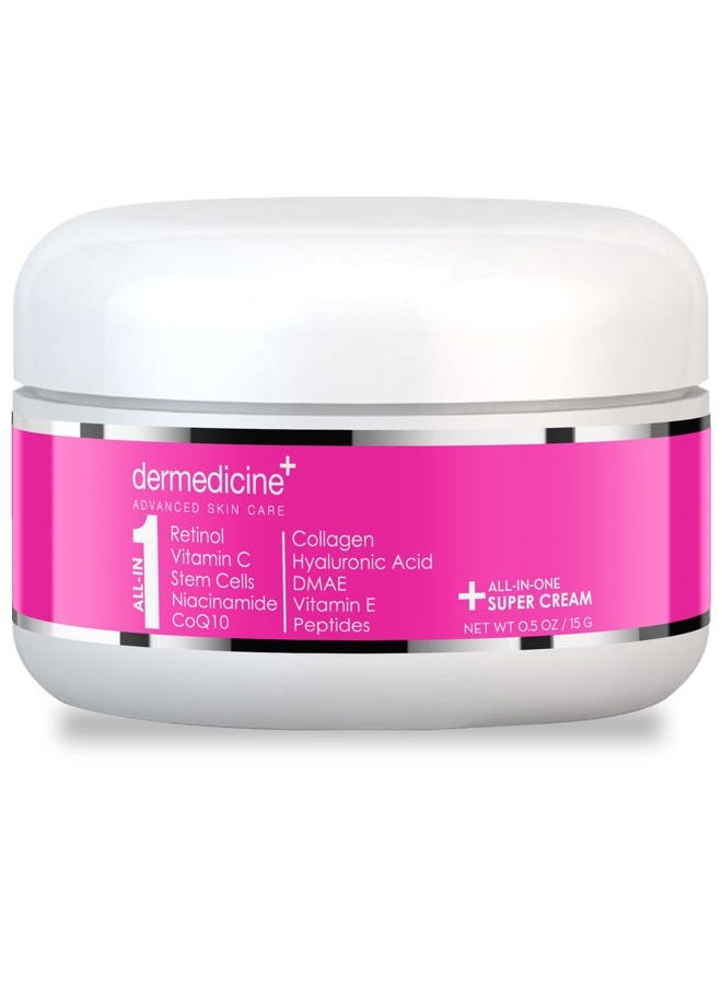 Dermedicine All In One Super Anti-Aging Cream for Face with Retinol, Vitamin C, Stem Cells, Vitamin E, CoQ10, Collagen, Hyaluronic Acid, DMAE, Peptides, Niacinamide Trial Size - Image 1