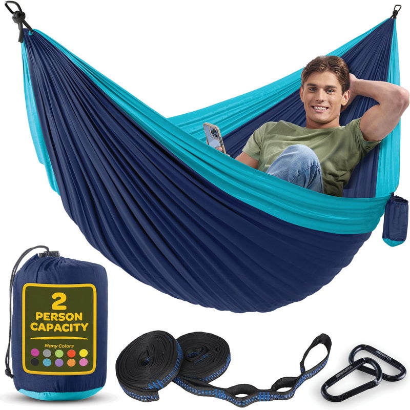 SEWANTA Durable Hammock 500 lb Capacity, Nylon Camping Hammock Chair - Double or Single Sizes w/Tree Straps and Attached Carry Bag - Portable for Travel/Backpacking/Beach/Backyard (Large, Blue & Light Blue) - Image 1