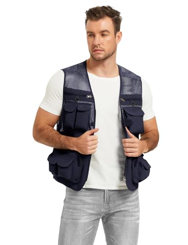 Flygo سترة صيد للرجال من فلايجو، خفيفة الوزن، متعددة الاستخدامات، للسفر في الهواء الطلق، سترة سفاري، سترة تصوير بحمولة مع 16 جيب، شبكية، زرقاء داكنة، XL - Image 4