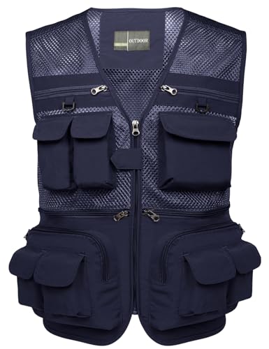 Flygo سترة صيد للرجال من فلايجو، خفيفة الوزن، متعددة الاستخدامات، للسفر في الهواء الطلق، سترة سفاري، سترة تصوير بحمولة مع 16 جيب، شبكية، زرقاء داكنة، XL - Image 1