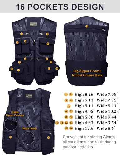 Flygo سترة صيد للرجال من فلايجو، خفيفة الوزن، متعددة الاستخدامات، للسفر في الهواء الطلق، سترة سفاري، سترة تصوير بحمولة مع 16 جيب، شبكية، زرقاء داكنة، XL - Image 2