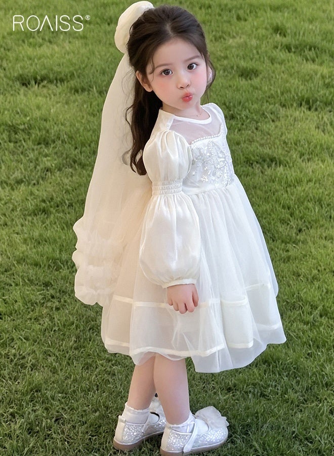 رويس فستان تول للفتيات الصغيرات مع غطاء رأس على شكل فيونكة، فستان أنيق بقصّة A مع سحاب خلفي، فستان بأكمام منفوشة ورقبة دائرية، فستان أميرة أنيق للفتيات، مناسب لحفلات أعياد الميلاد، جلسات التصوير أو أي مناسبة خاصة - Image 4