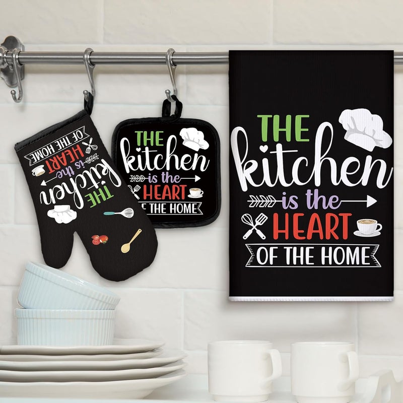 Sratte 6 Pcs Kitchen Decor Accessories Set Farmhouse Towels Pot Holders Oven Mitts Set 2 Dish Towels 2 Potholders 2 Cooking Mittens Oven Glove for Christmas Baking Cooking (Black Color) - Image 2