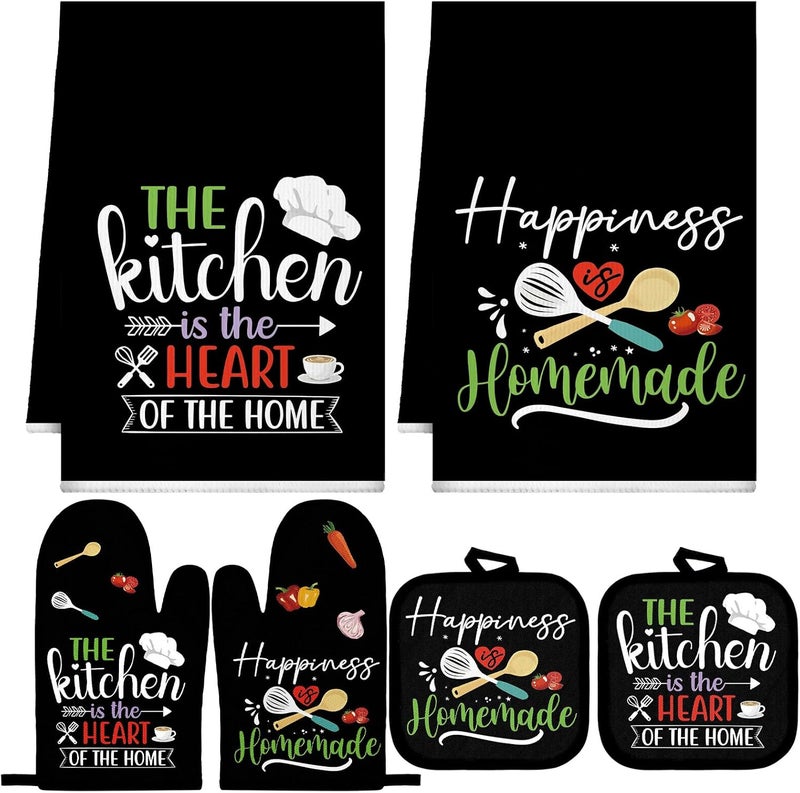 Sratte 6 Pcs Kitchen Decor Accessories Set Farmhouse Towels Pot Holders Oven Mitts Set 2 Dish Towels 2 Potholders 2 Cooking Mittens Oven Glove for Christmas Baking Cooking (Black Color) - Image 1