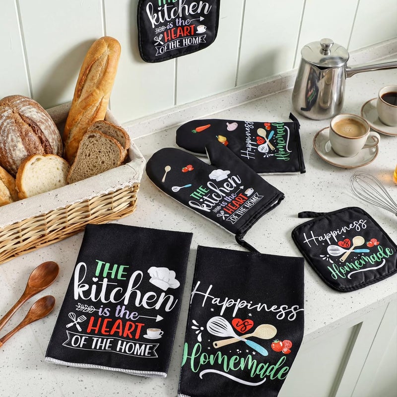 Sratte 6 Pcs Kitchen Decor Accessories Set Farmhouse Towels Pot Holders Oven Mitts Set 2 Dish Towels 2 Potholders 2 Cooking Mittens Oven Glove for Christmas Baking Cooking (Black Color) - Image 3