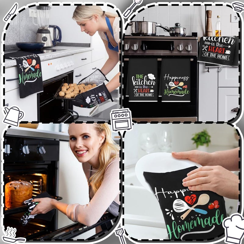 Sratte 6 Pcs Kitchen Decor Accessories Set Farmhouse Towels Pot Holders Oven Mitts Set 2 Dish Towels 2 Potholders 2 Cooking Mittens Oven Glove for Christmas Baking Cooking (Black Color) - Image 5