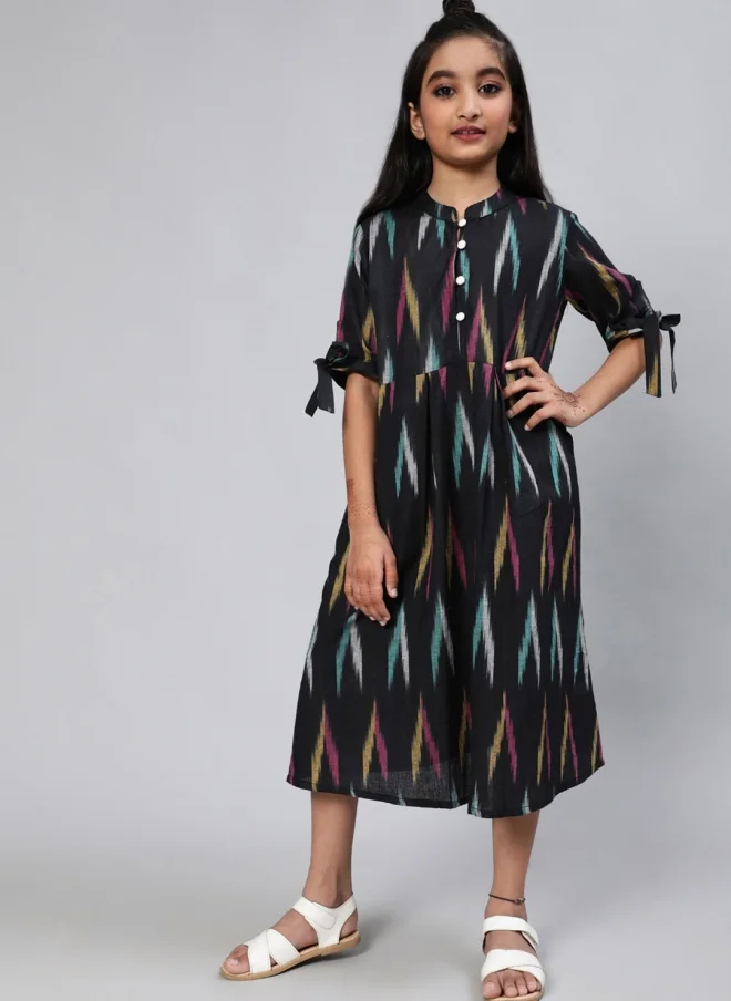 أيه كيه إس Black Abstract Printed A-Line Midi Dress for Girls