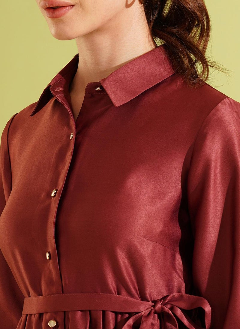 Globus Women's Maroon Tiered Party Dress with Shirt Collar and Belted Design - Image 5