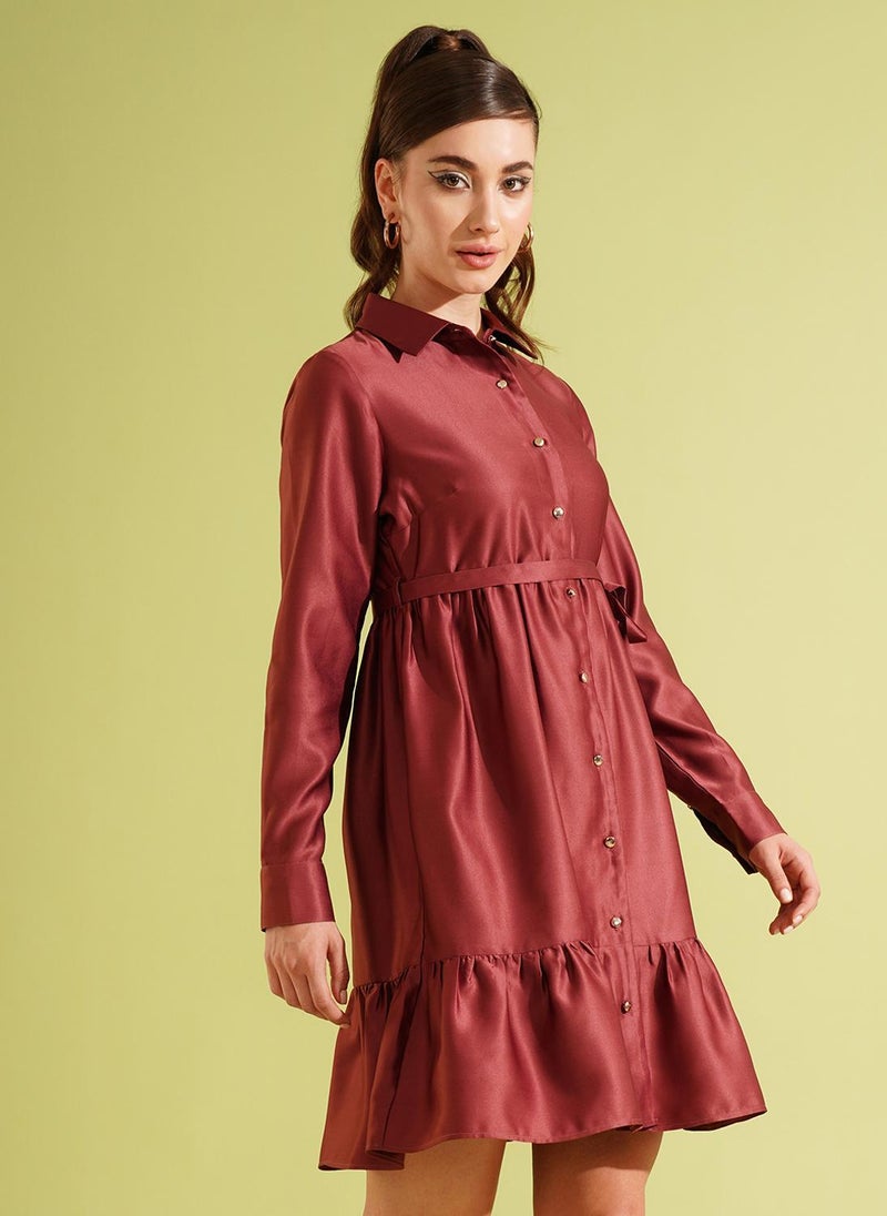 Globus Women's Maroon Tiered Party Dress with Shirt Collar and Belted Design - Image 3