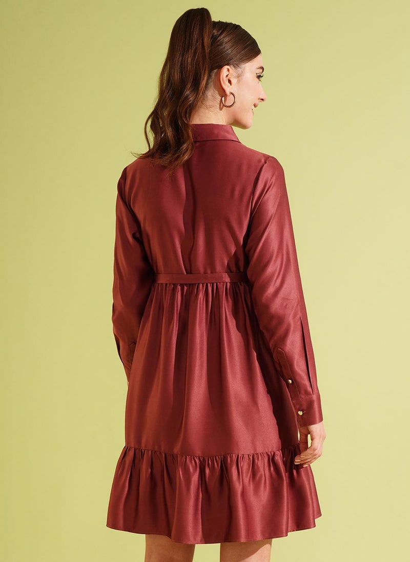 Globus Women's Maroon Tiered Party Dress with Shirt Collar and Belted Design - Image 4