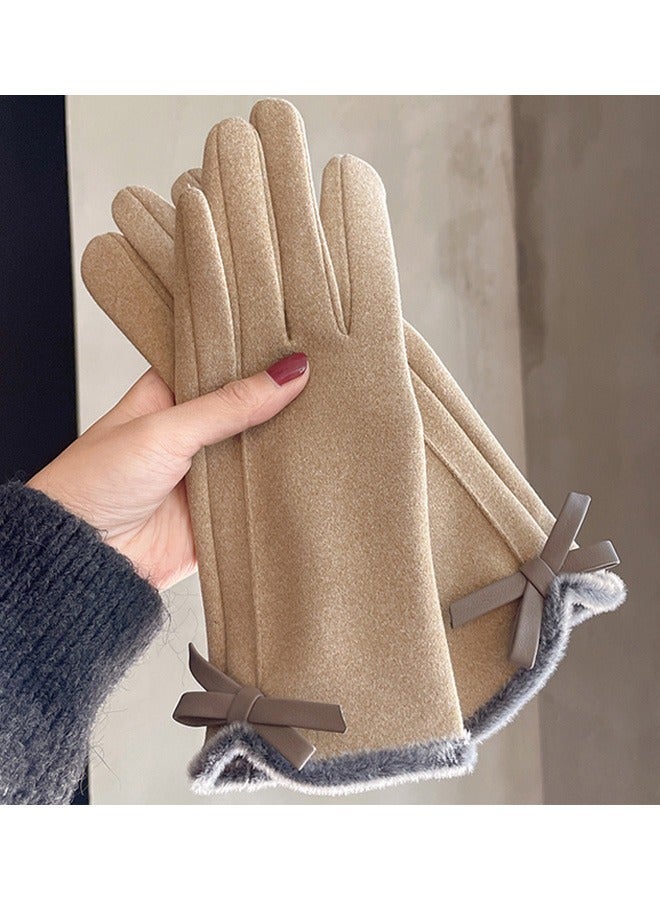 Women's Khaki Winter Thickened Warm Gloves Touch Screen Compatible Windproof Soft Fleece Lined with Leather Bow Decoration for Cold Weather Driving Cycling Commuting Outdoor Errands Daily Wear - Image 1