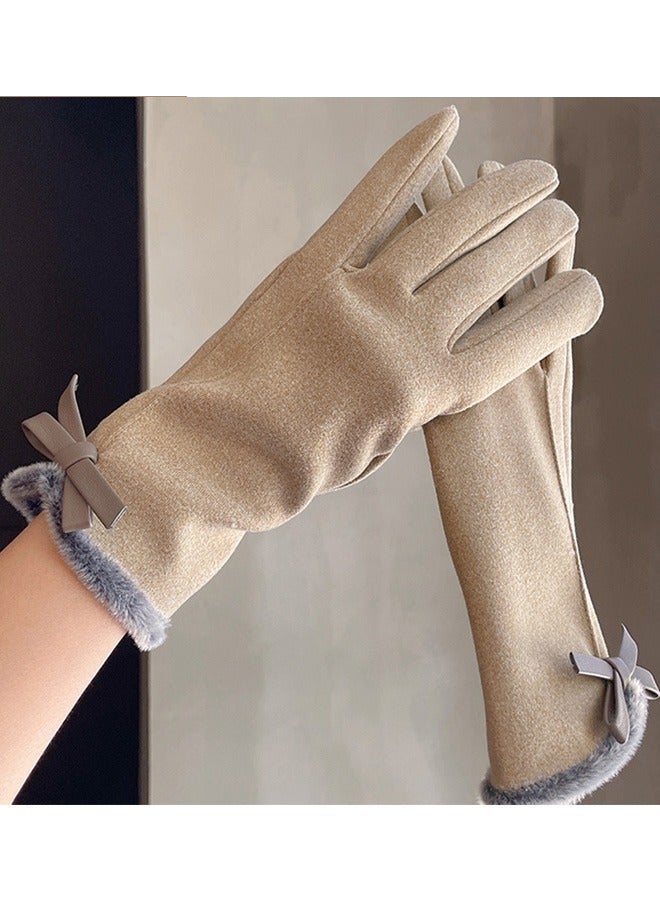 Women's Khaki Winter Thickened Warm Gloves Touch Screen Compatible Windproof Soft Fleece Lined with Leather Bow Decoration for Cold Weather Driving Cycling Commuting Outdoor Errands Daily Wear - Image 2