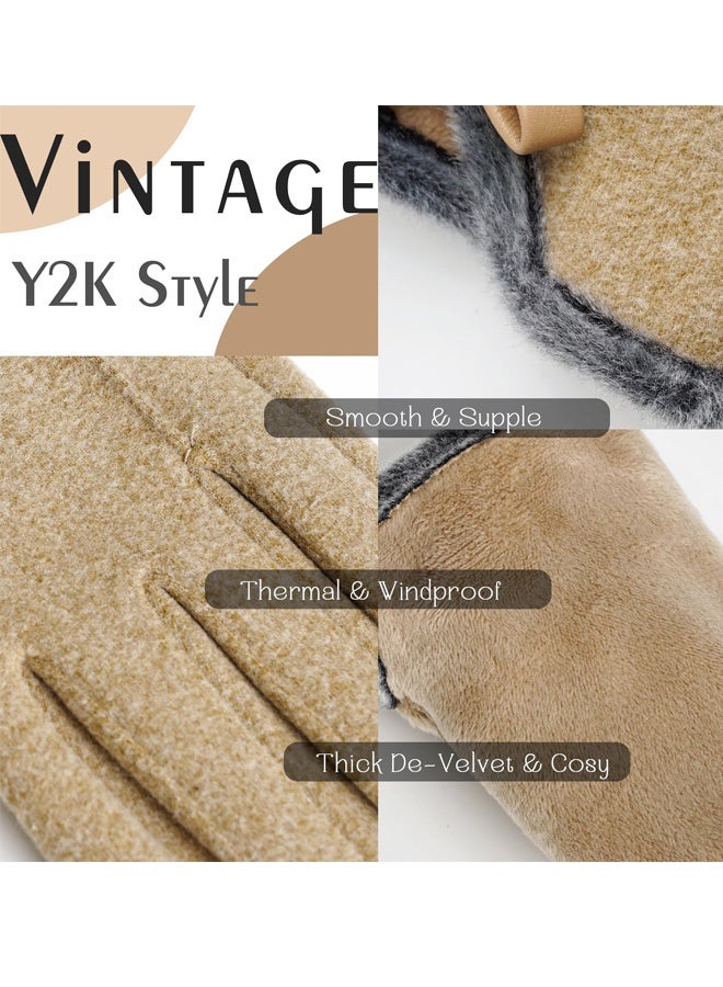 Women's Khaki Winter Thickened Warm Gloves Touch Screen Compatible Windproof Soft Fleece Lined with Leather Bow Decoration for Cold Weather Driving Cycling Commuting Outdoor Errands Daily Wear - Image 3