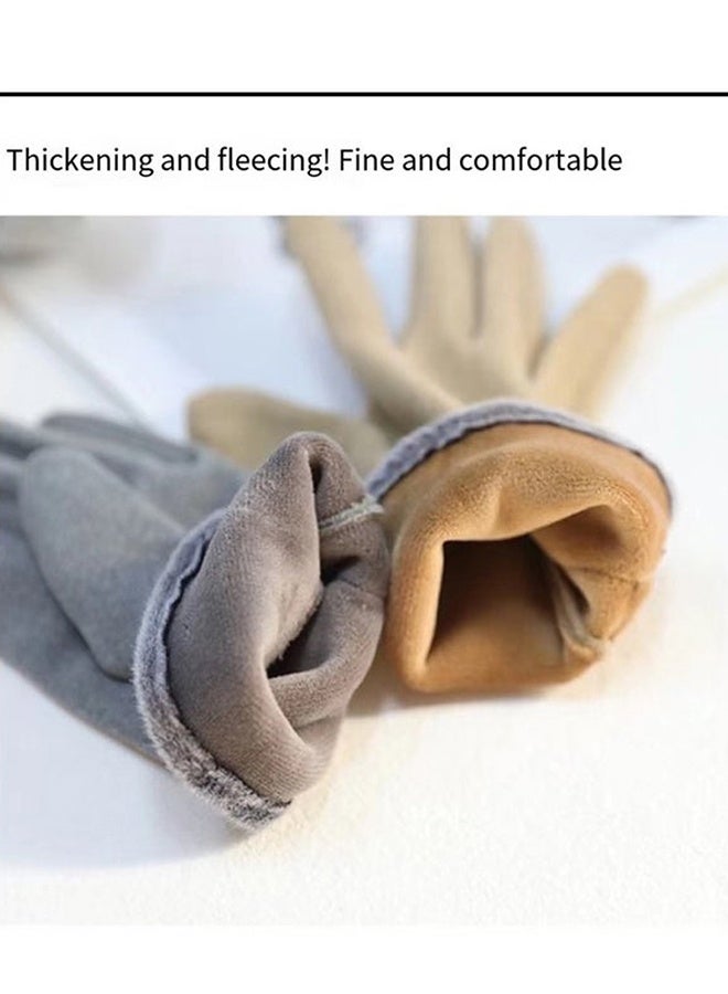 Women's Khaki Winter Thickened Warm Gloves Touch Screen Compatible Windproof Soft Fleece Lined with Leather Bow Decoration for Cold Weather Driving Cycling Commuting Outdoor Errands Daily Wear - Image 4