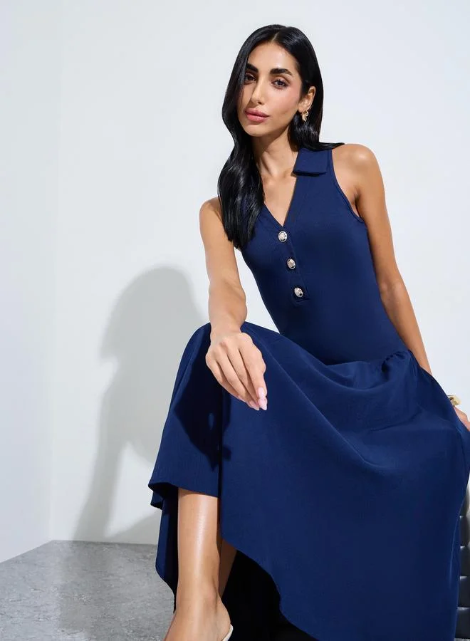 Styli Navy Blue Drop Waist A-Line Midi Dress