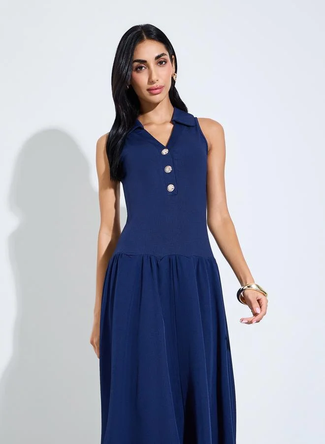 Styli Navy Blue Drop Waist A-Line Midi Dress
