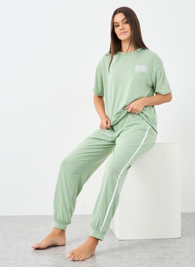 Styli Slogan Drop Shoulder Stripe Sleeve T-Shirt and Joggers Set - Image 1