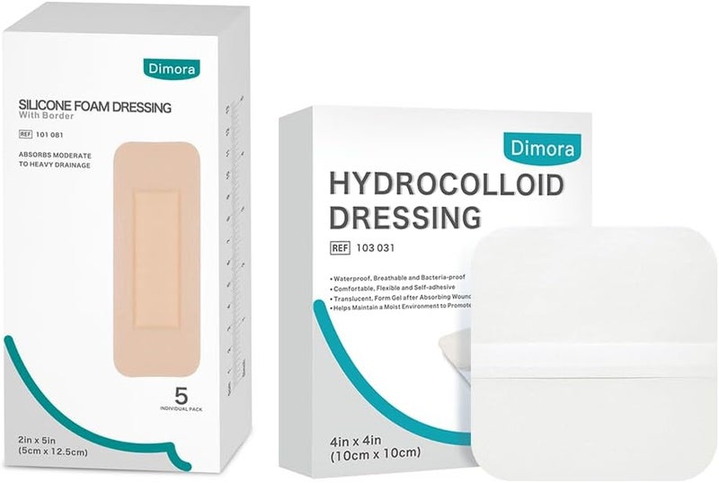 Dimora Hydrocolloid Wound Dressing 10 Pack Ultra Thin 4 x 4  Dimora Foam Wound Dressing 2x5 5 Pack - Image 1