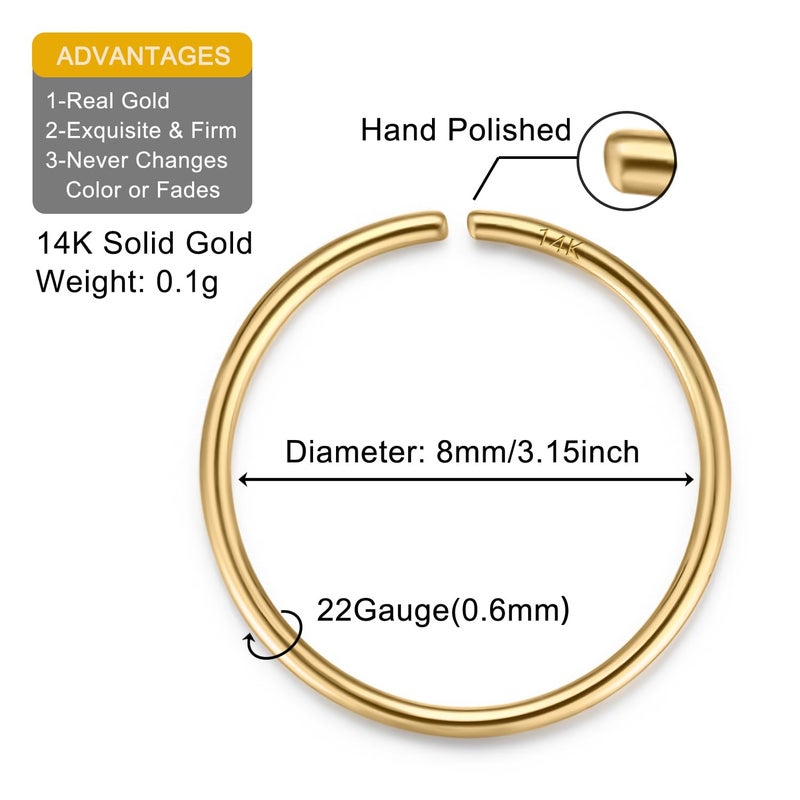 Lulau 14K Solid Gold Nose Ring Hoop for Women Inner Diameter 8mm 5/16 Inch 22G Real 14K Cartilage Hoop Earring 22 Gauge Small Thin Nose Piercings hoops for Men Jewelry (14K Yellow Gold) - Image 2
