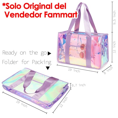 Fammart Iridescent Clear Beach Bag for Women, Large Pool Tote Cruise Vacation Essentials - Waterproof, Sandproof, Zipper Closure - Image 2