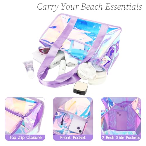 Fammart Iridescent Clear Beach Bag for Women, Large Pool Tote Cruise Vacation Essentials - Waterproof, Sandproof, Zipper Closure - Image 4