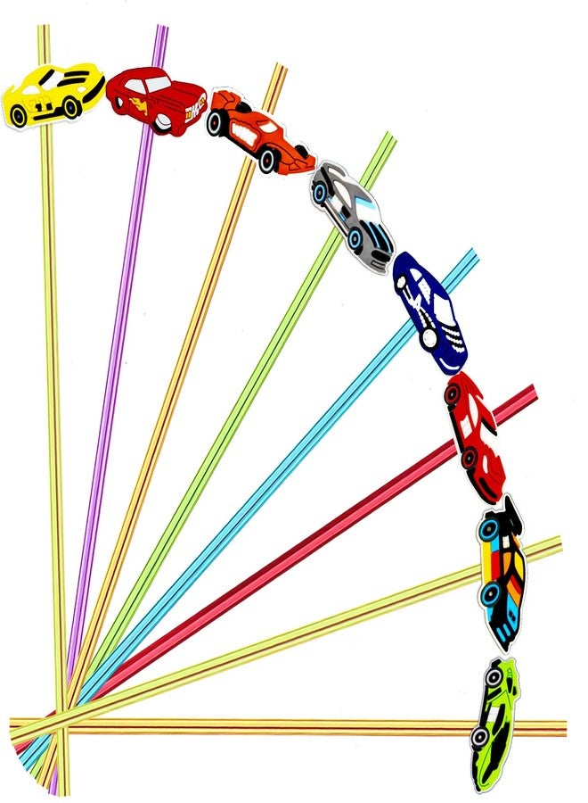 Meaxur 24pcs Race Car Themed Reusable Plastic Straws, 6 Colors, 8 Patterns, 2 Cleaning Brushes, Perfect for Parties & Daily Use - Image 1
