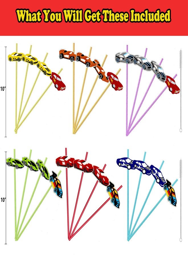 Meaxur 24pcs Race Car Themed Reusable Plastic Straws, 6 Colors, 8 Patterns, 2 Cleaning Brushes, Perfect for Parties & Daily Use - Image 2