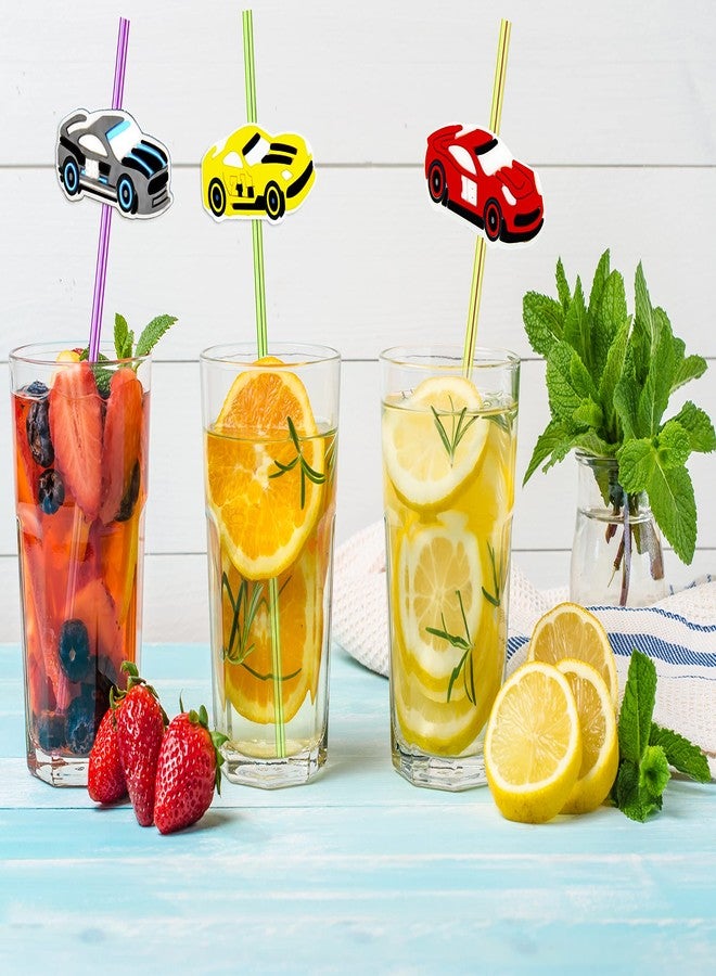 Meaxur 24pcs Race Car Themed Reusable Plastic Straws, 6 Colors, 8 Patterns, 2 Cleaning Brushes, Perfect for Parties & Daily Use - Image 4