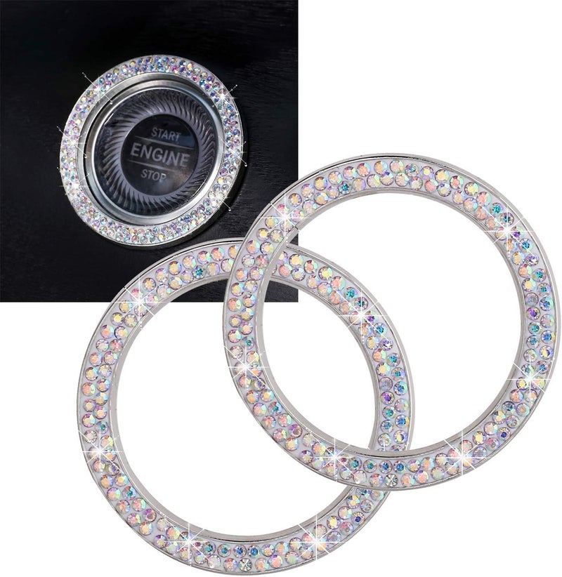 ToBeQueen Car Crystal Ring Sticker Multicolor Bling Ring Interior Emblem,2 Pcs Crystal Car Decal Start Engine Ignition Button for Women Girl Rhinestone Bling Car Accessories Colorful - Image 1