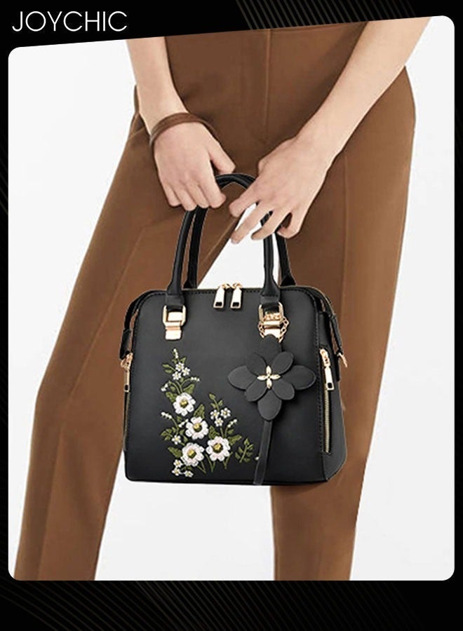 Joychic New Style Women Fashion Embroidered Handbag Large Capacity Commuting Shoulder Crossbody Bag PU Waterproof Ladies Tote Black - Image 1